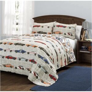 Full/Queen Race Cars Reversible Quilt, Bedspread, Blanket Blue/Orange Lush Décor